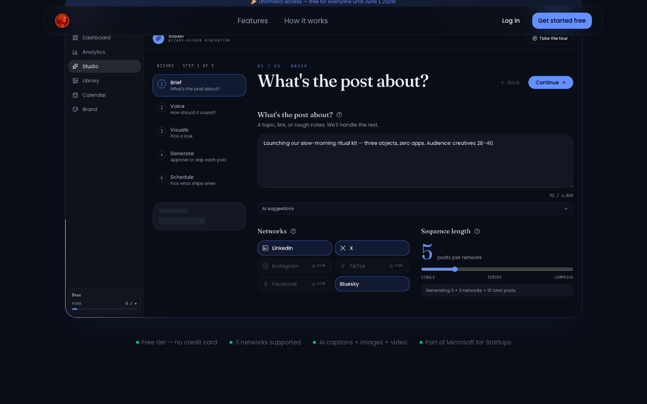 ArchySocial wizard interface — campaign creation flow